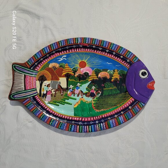 MEXICAN FOLK ART Fish Platter Hand Painted Terra Cotta Mexican Red Clay - Picture 1 of 12